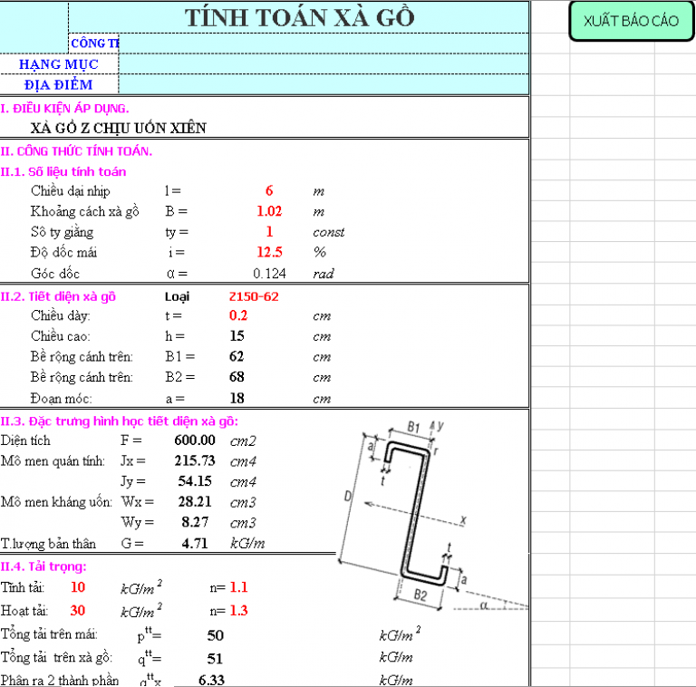 File excel tính toán xà gồ thép hộp