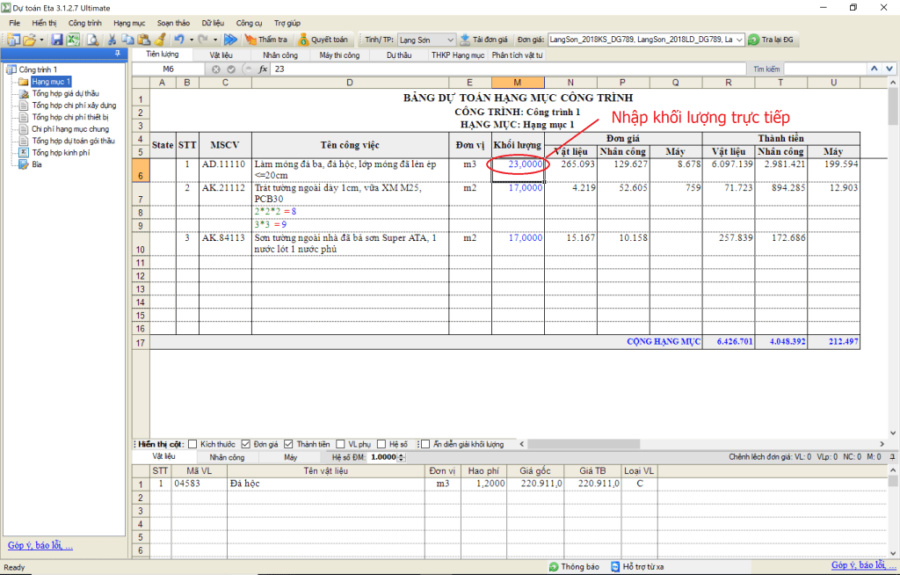 nhập khối lượng dự toán