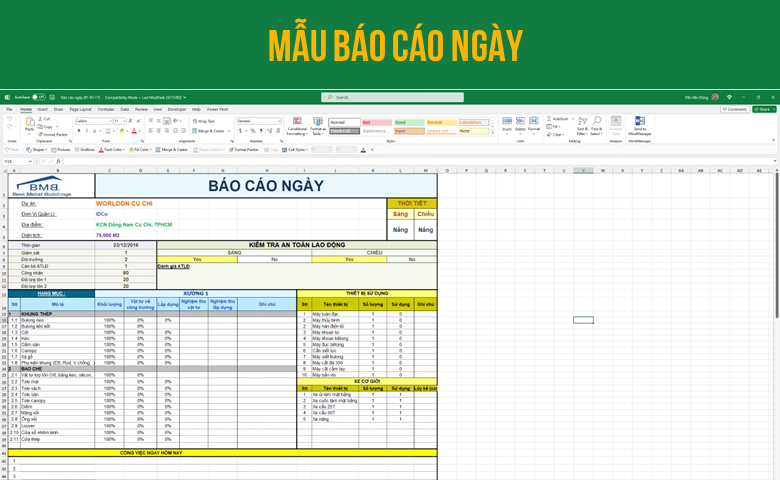 Mẫu Báo cáo ngày trên Excel cho kỹ sư Xây Dựng