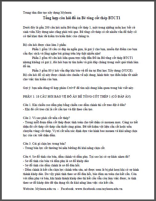 Tổng hợp câu hỏi đồ án Bê tông cốt thép BTCT1