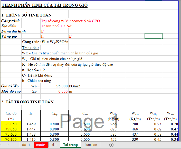 File excel tính tải trọng gió đầy đủ gió tĩnh và gió động rất hay và chi tiết