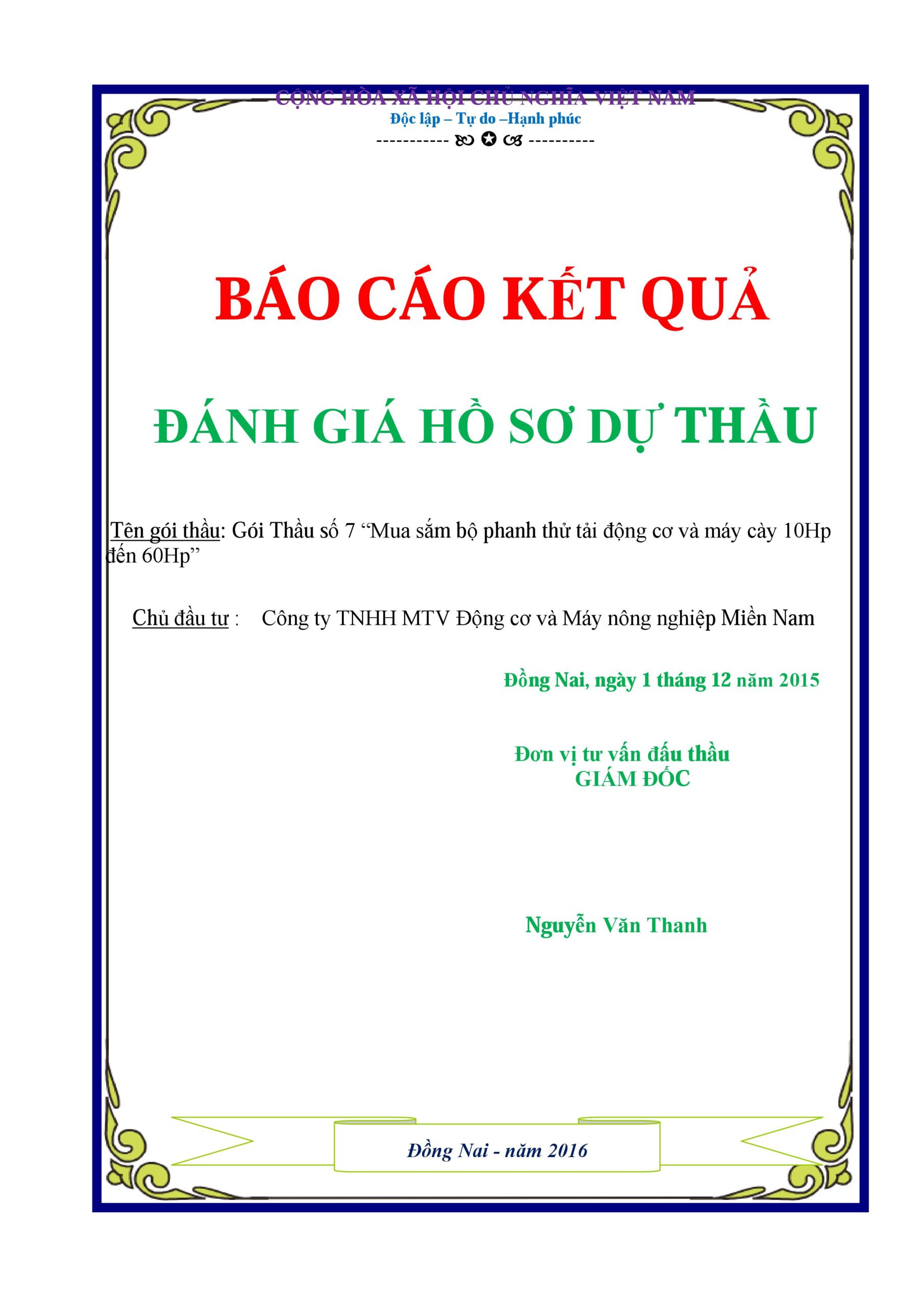 Mẫu báo cáo đánh giá hồ sơ dự thầu