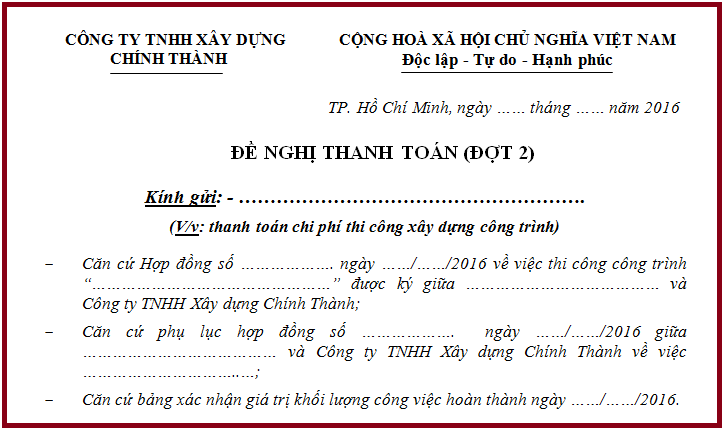 Mẫu Hồ sơ thanh toán đợt Đơn vị thi công