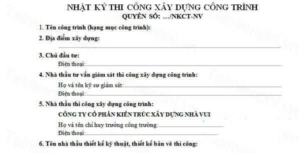 Mẫu nhật ký thi công công trình