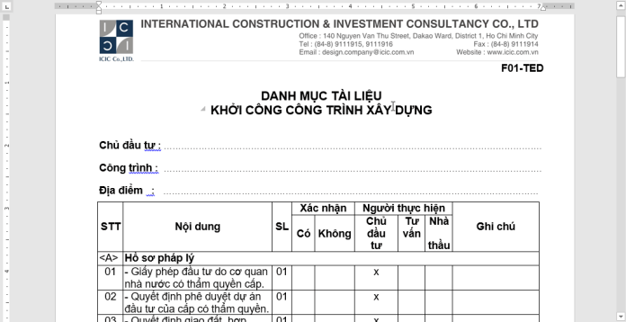 Danh mục tài liệu khởi công công trình