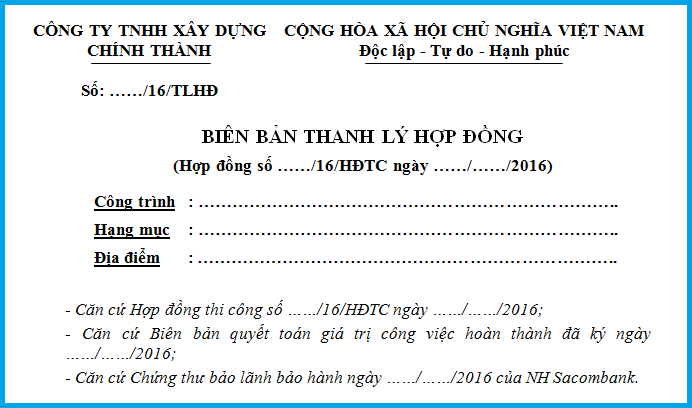 Biên bản thanh lý hợp đồng thi công công trình xây dựng