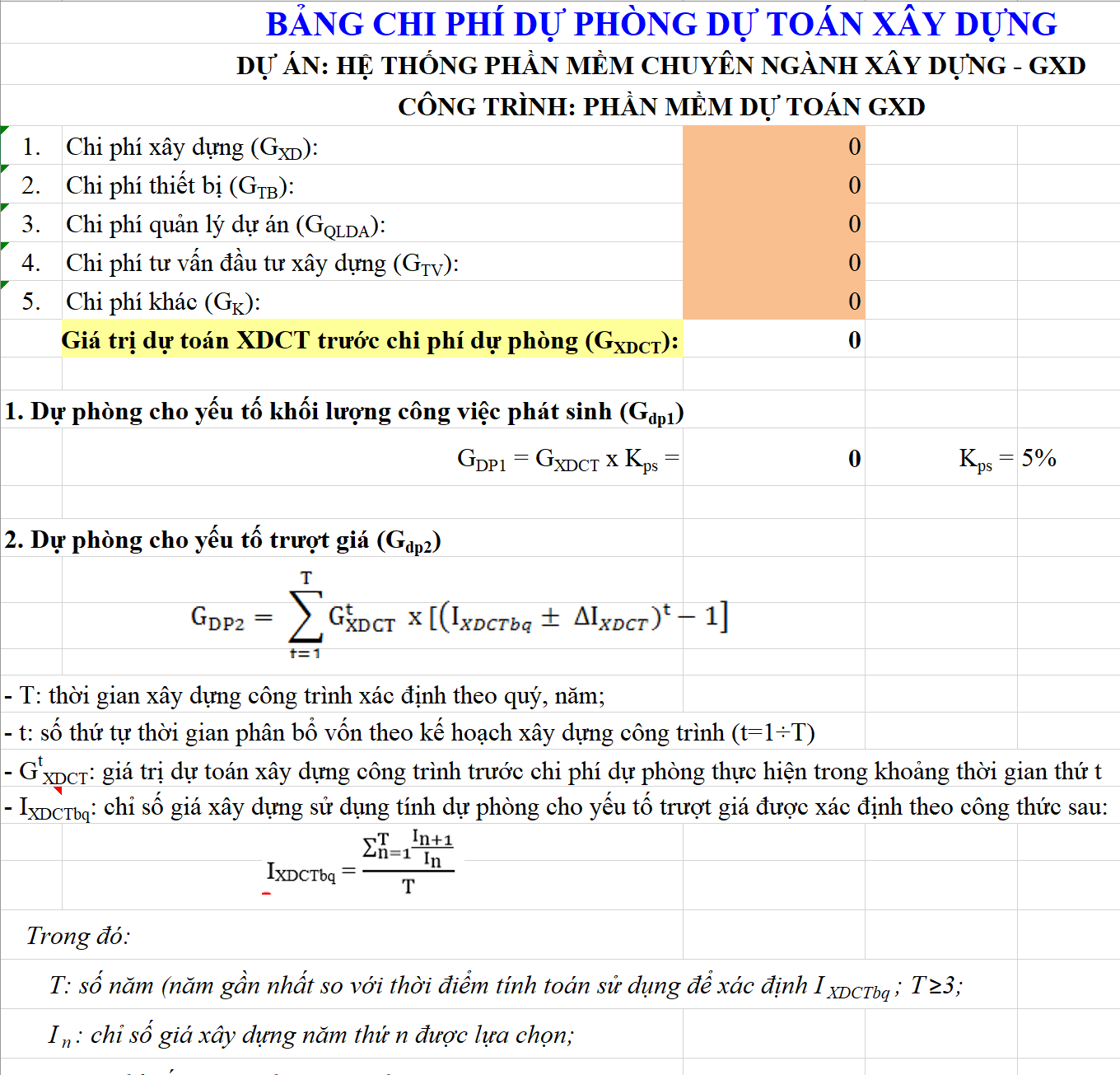 File Excel Tính chi phí dự phòng cho Tổng mức đầu tư và dự toán xây dựng công trình