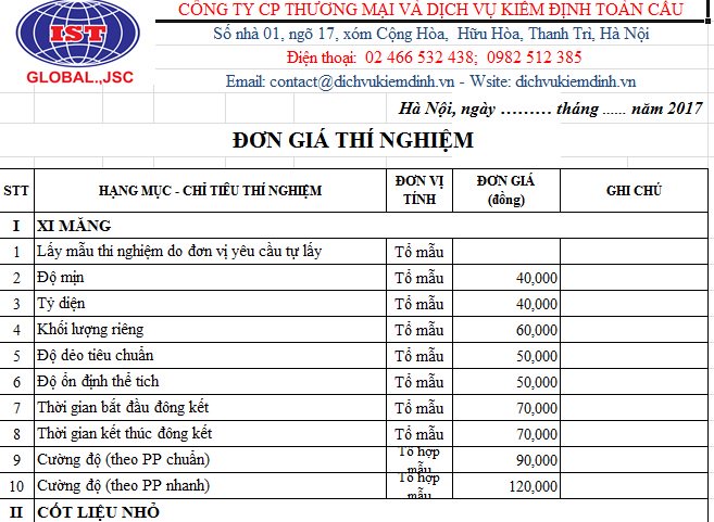 Đơn giá thí nghiệm vật liệu xây dựng