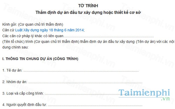 Tờ trình Thẩm định dự án đầu tư xây dựng hoặc thiết kế cơ sở