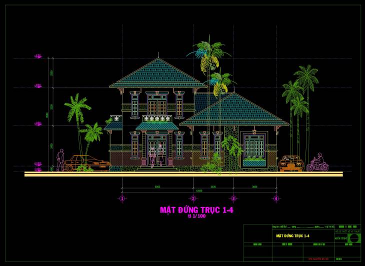 File cad thiết kế kiến trúc mẫu biệt thự 2 tầng 12x13m 4 mặt tiền