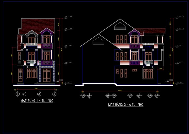 Bản vẽ cad thiết kế biệt thự 3 tầng kích thước 8x16m