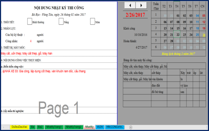 File Excel Nhật ký thi công tự động