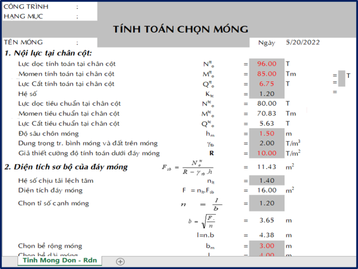 Bảng excel chọn kích thước móng