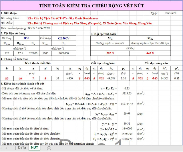 Bảng tính chiều rộng vết nứt theo TCVN 5574-2018