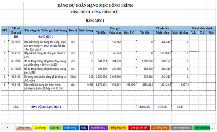 [EX] Dự toán công trình