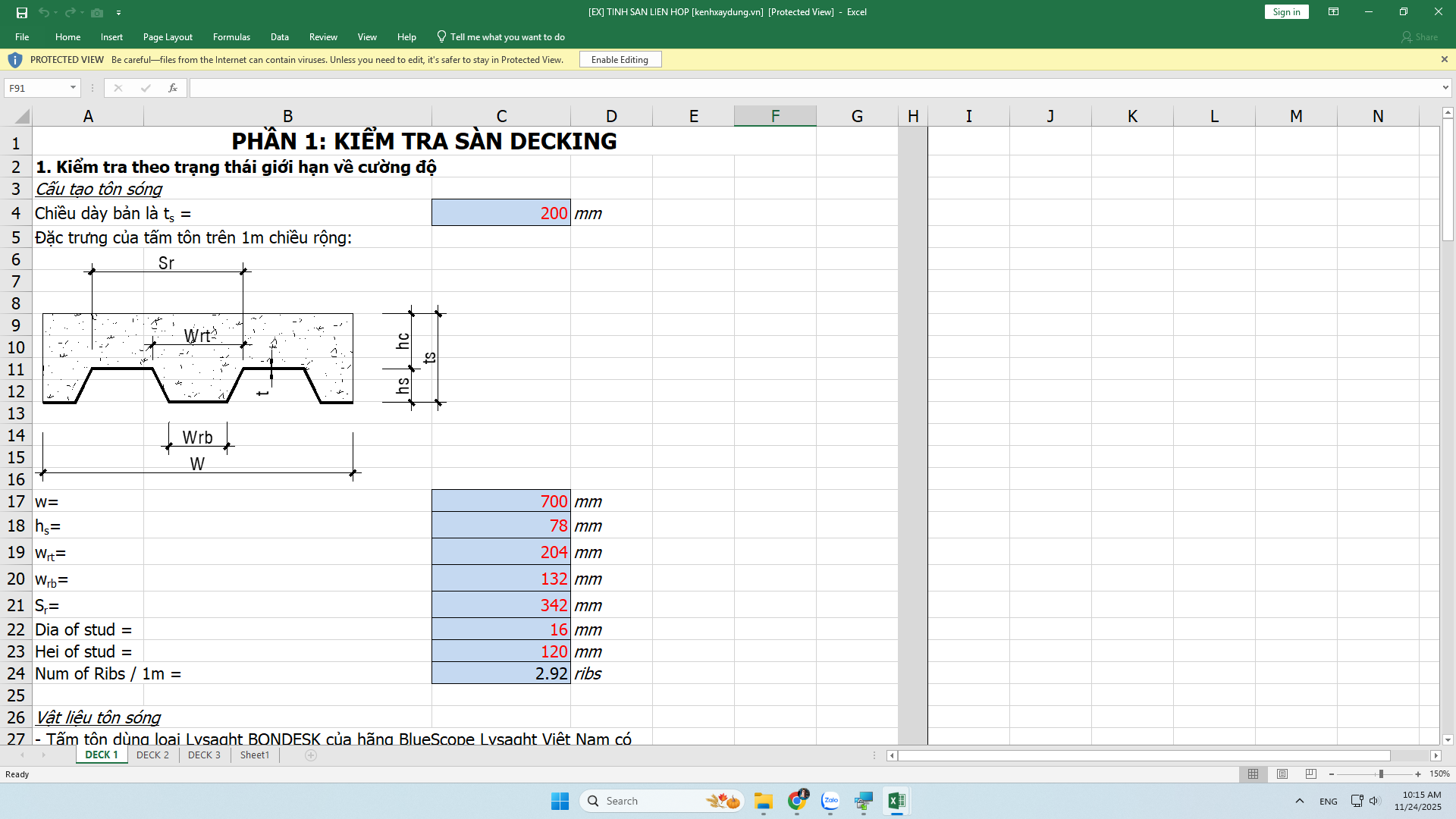 [EX] Tính thép sàn liền hợp